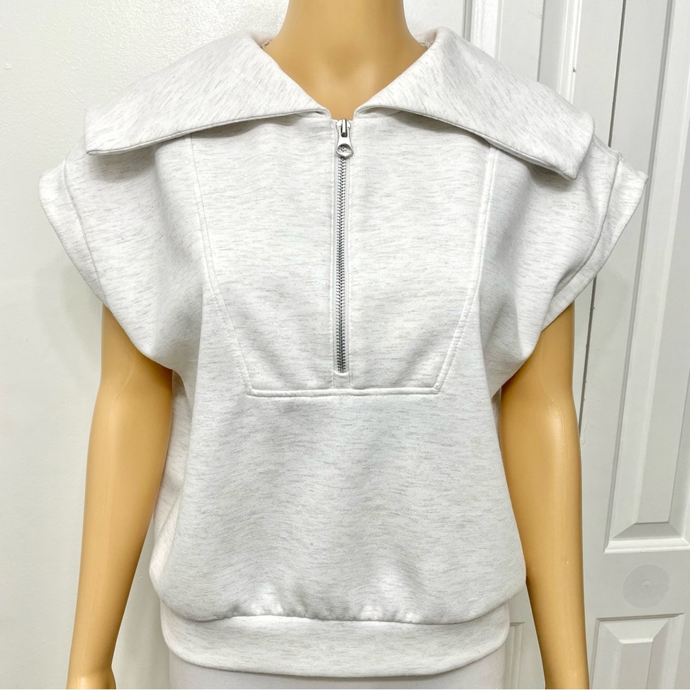 Yogalicious Light Gray/Ivory Sleeveless Half Zip-Up Sweatshirt Yoga Top size L - Picture 2 of 7
